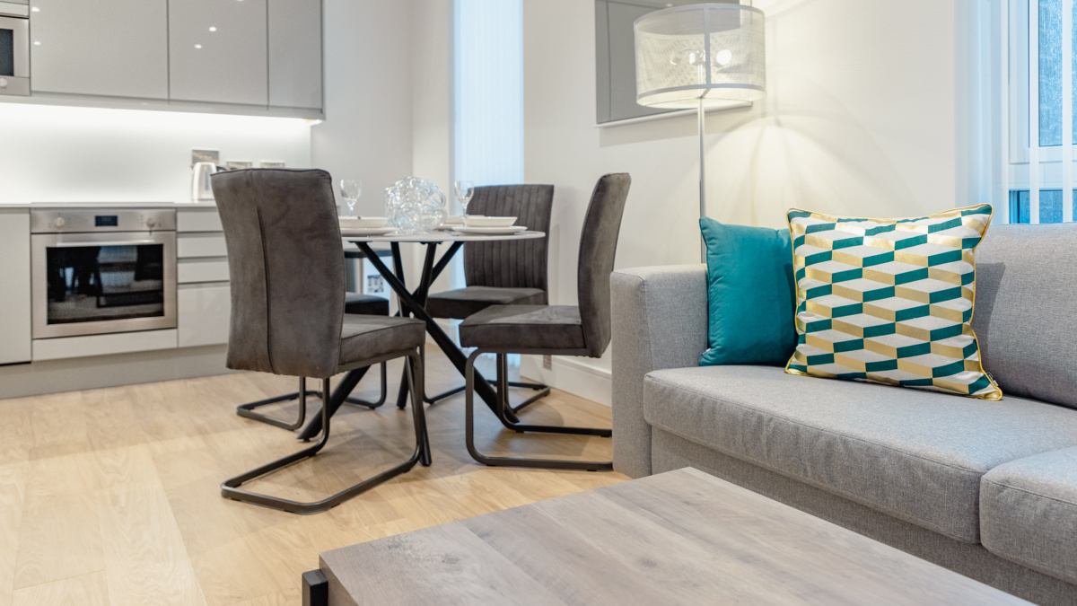 Open-plan kitchen, living and dining room at the Timber Yard show apartment, ©Galliard Homes.