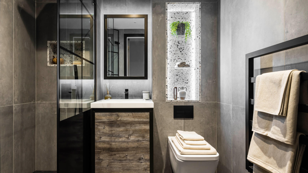 Shower room in a studio suite at The Stage, ©Galliard Homes.