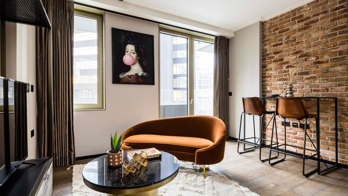 Living room in a studio suite at The Stage, ©Galliard Homes.