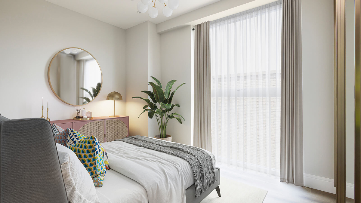 Bedroom in a Park Avenue Place apartment, computer generated image intended for illustrative use only, ©Galliard Homes.