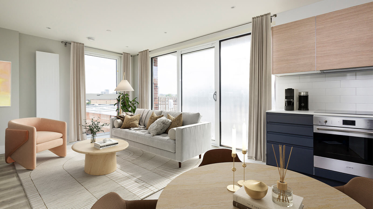 Living and kitchen area in a Park Avenue Place apartment, computer generated image intended for illustrative use only, ©Galliard Homes.