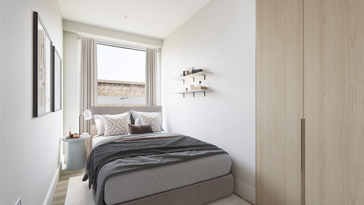 Bedroom in a Park Avenue Place apartment, computer generated image intended for illustrative use only, ©Galliard Homes.