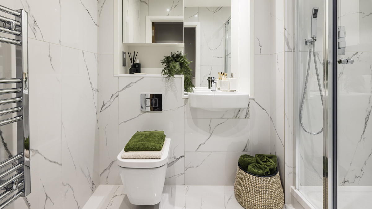 Shower room at an Orchard Wharf Duplex Apartment, ©Galliard Homes.