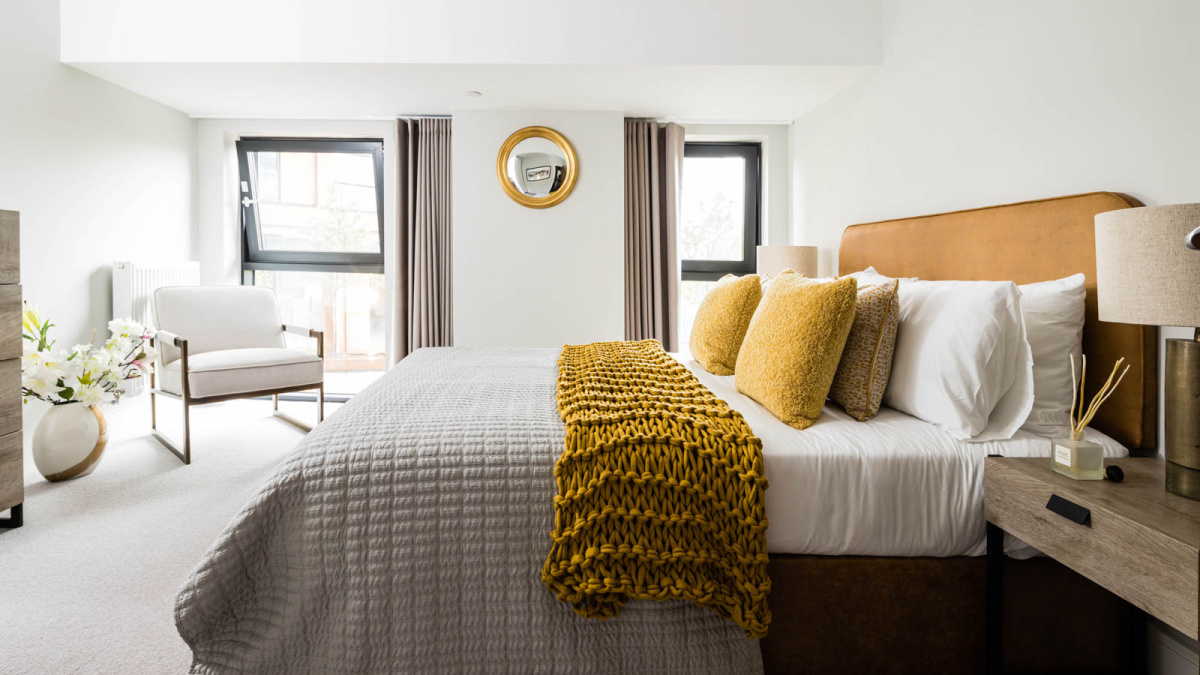 Bedroom at an Orchard Wharf Duplex Apartment, ©Galliard Homes.