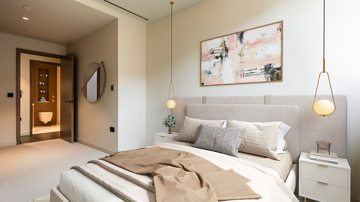 Bedroom at a TCRW SOHO apartment, computer generated image intended for illustrative use only, ©Galliard Homes