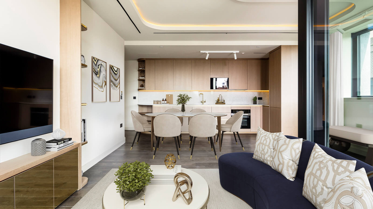 Open-plan living area at a TCRW SOHO apartment, computer generated image intended for illustrative use only, ©Galliard Homes