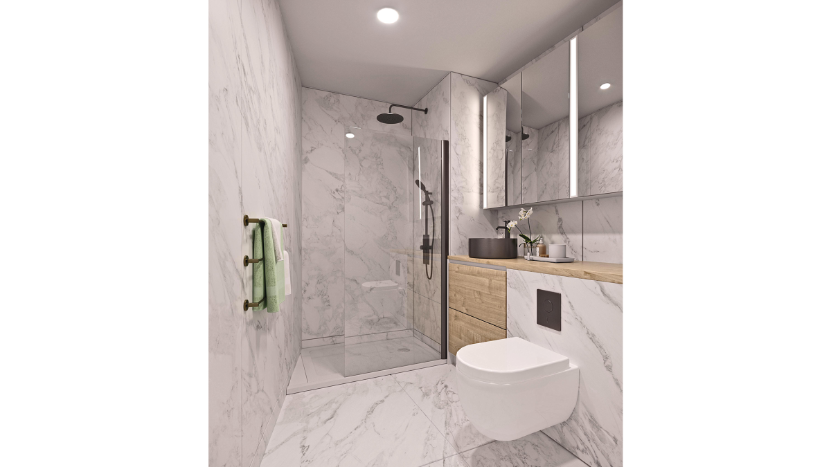 Shower room at a Galliard Homes apartment, ©Galliard Homes.