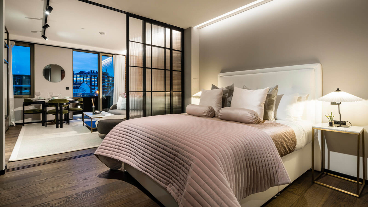 Open-plan bedroom at Apartment 210 The Stage, ©Galliard Homes.