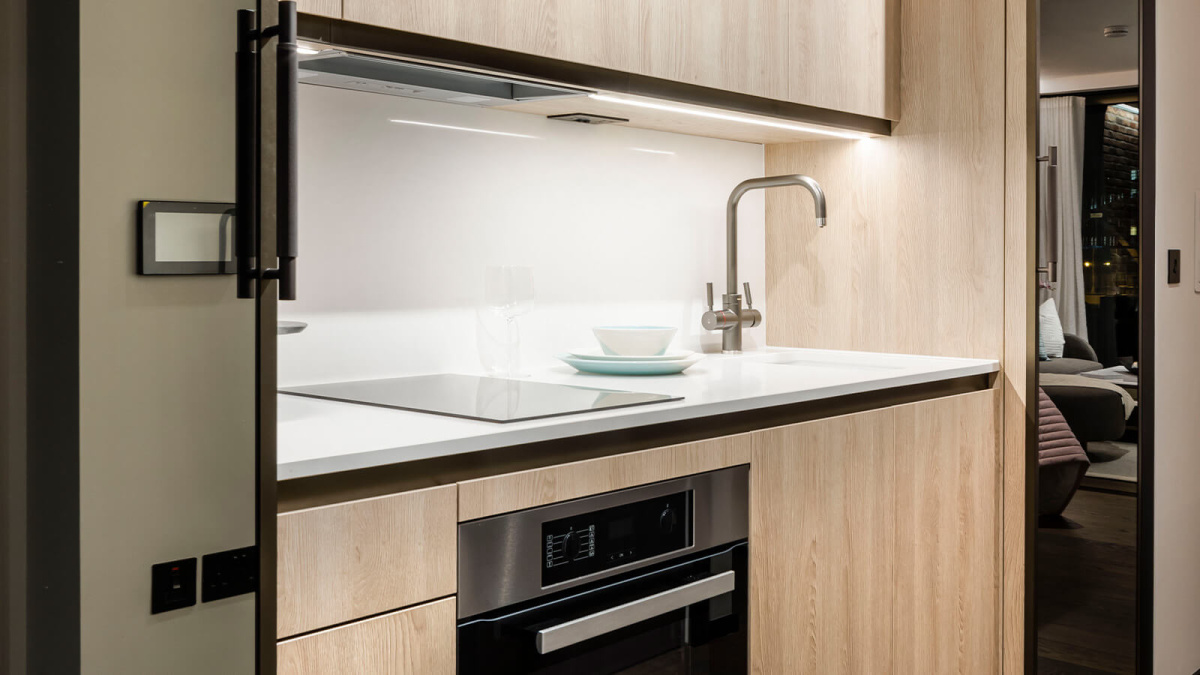 Kitchen at Apartment 210 The Stage, ©Galliard Homes.