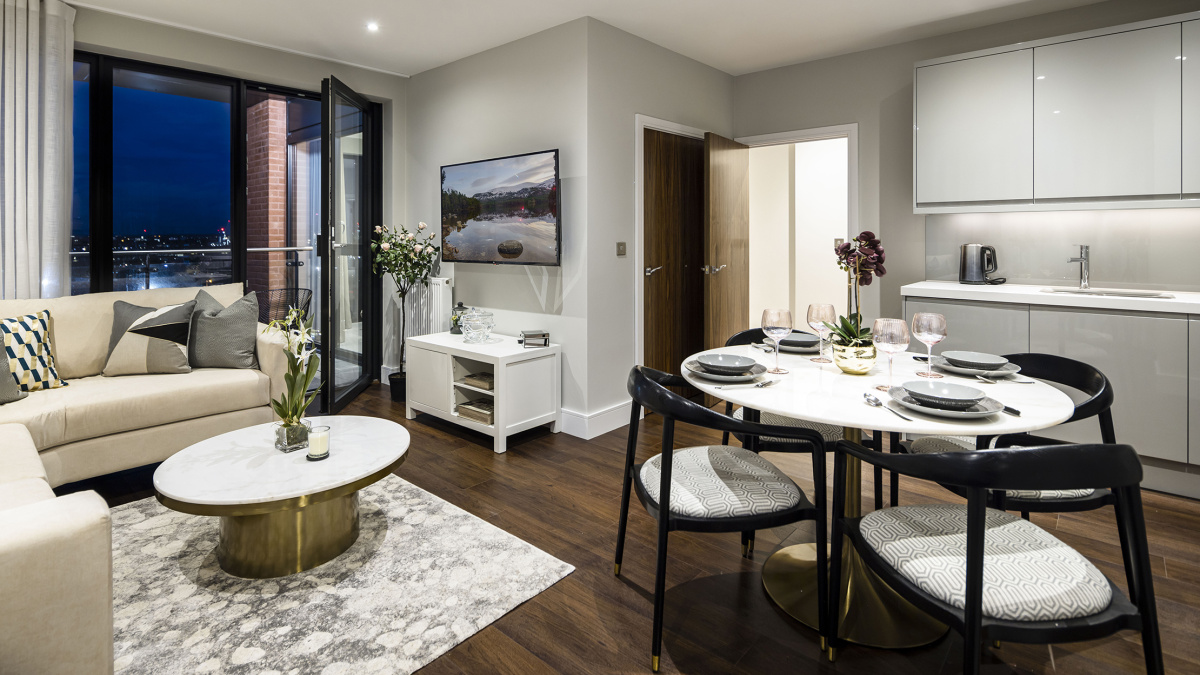 Open-plan kitchen, living and dining area at an Orchard Wharf apartment, ©Galliard Homes.