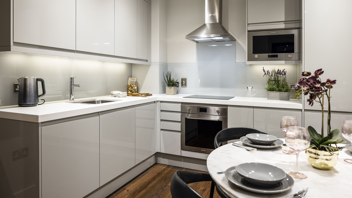 Kitchen at an Orchard Wharf apartment, ©Galliard Homes.