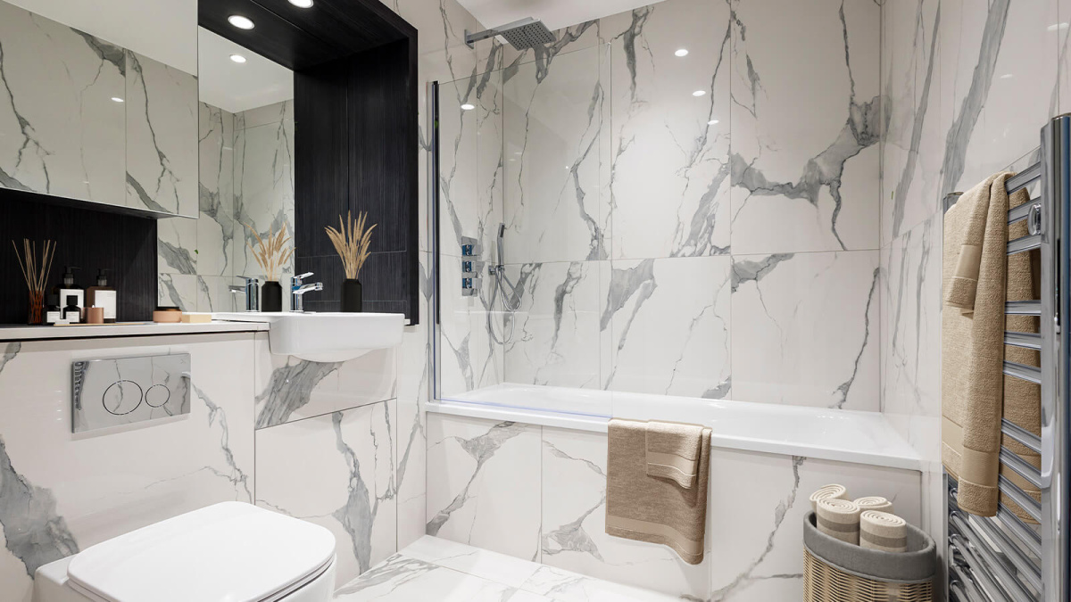 Bathroom in a Park Avenue Place apartment, computer generated image intended for illustrative use only, ©Galliard Homes.
