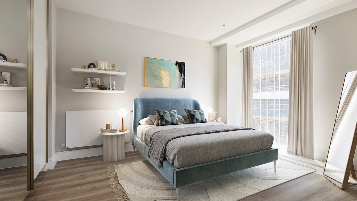 Bedroom in a Park Avenue Place apartment, computer generated image intended for illustrative use only, ©Galliard Homes.