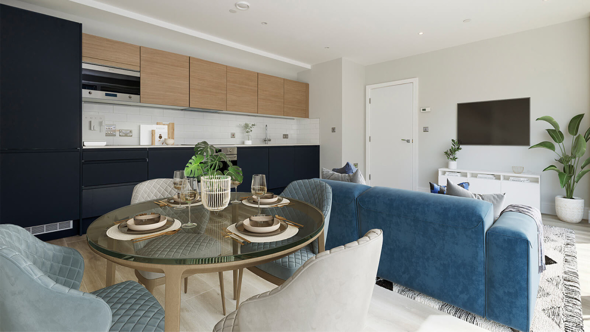 Living, kitchen and dining area in a Park Avenue Place apartment, computer generated image intended for illustrative use only, ©Galliard Homes.