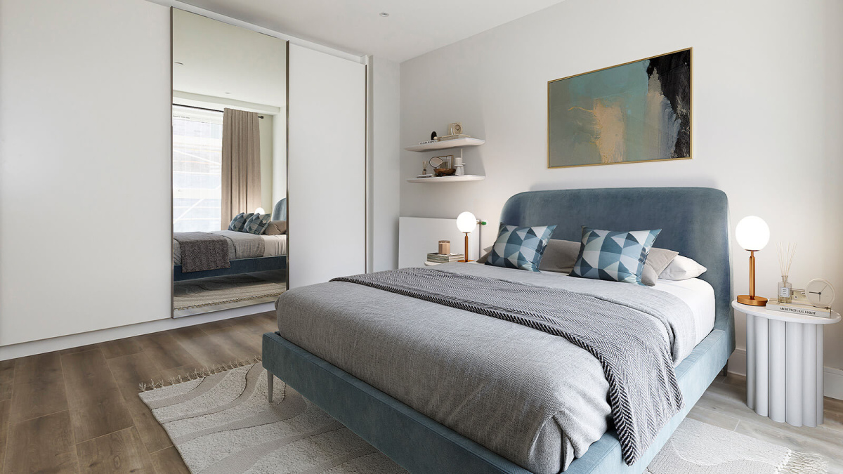 Bedroom in a Park Avenue Place apartment, computer generated image intended for illustrative use only, ©Galliard Homes.