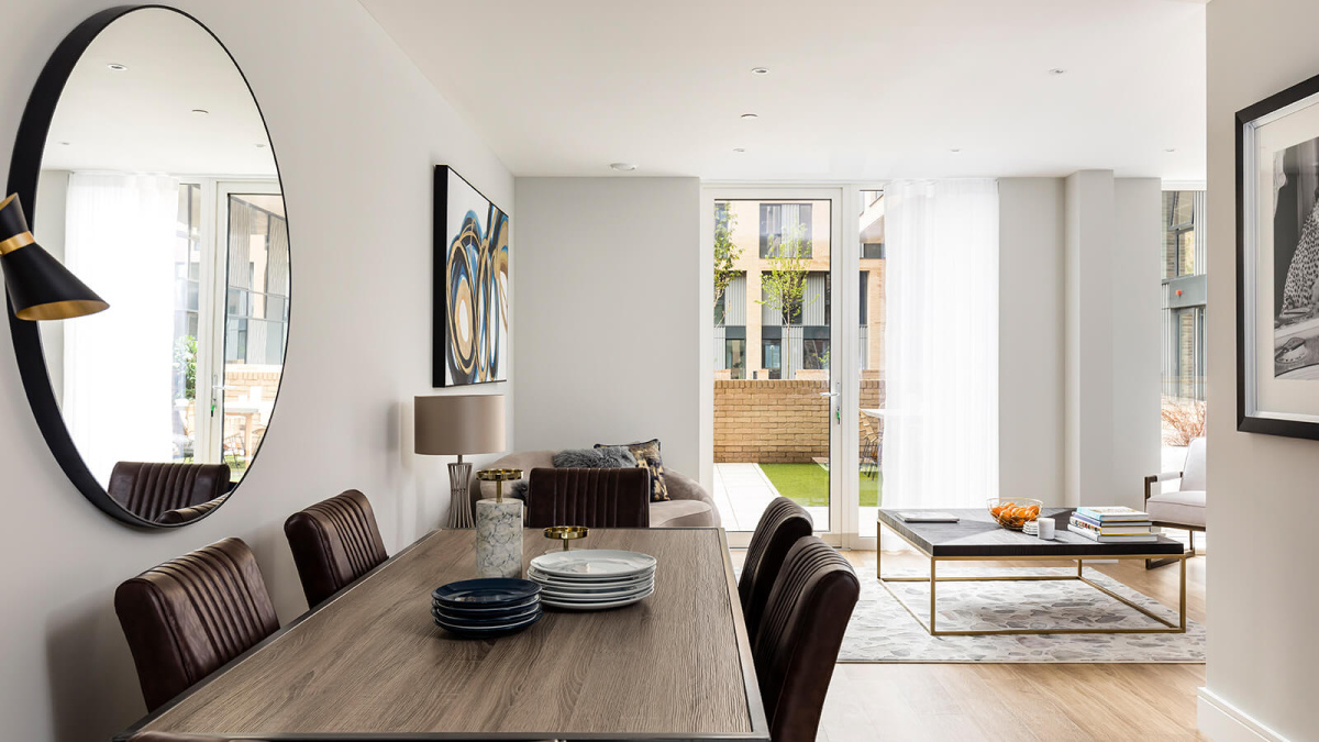 Open-plan living and dining area at a Wimbledon Grounds duplex, ©Galliard Homes.
