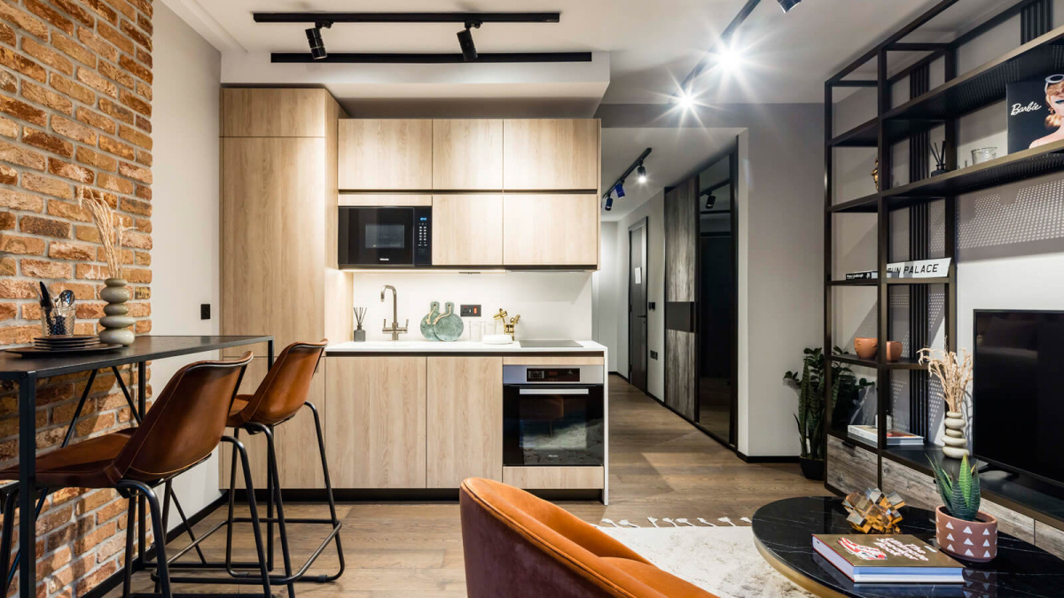 Open-plan living, dining and kitchen area at 212 The Stage, ©Galliard Homes.