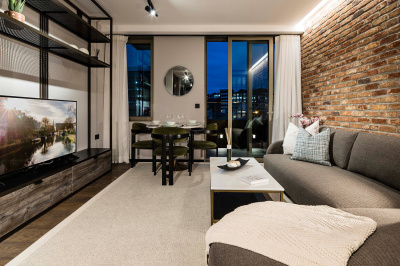 Living area in a studio suite at The Stage, ©Galliard Homes. Living area in a studio suite at The Stage, ©Galliard Homes.
