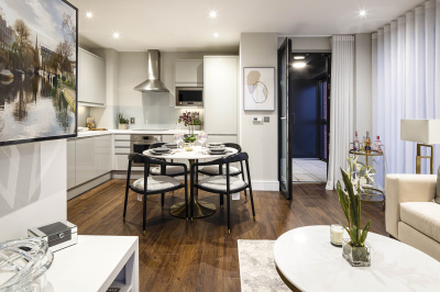Open-plan kitchen, living and dining area at an Orchard Wharf apartment, ©Galliard Homes. Open-plan kitchen, living and dining area at an Orchard Wharf apartment, ©Galliard Homes.