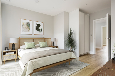 Bedroom at a Wimbledon Grounds apartment, computer generated image intended for illustrative use only, ©Galliard Homes. Bedroom at a Wimbledon Grounds apartment, computer generated image intended for illustrative use only, ©Galliard Homes.