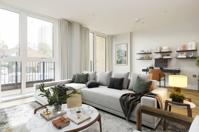 Living area at a Wimbledon Grounds apartment, computer generated image intended for illustrative use only, ©Galliard Homes.