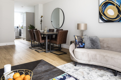 Open-plan kitchen, living and dining area at a Wimbledon Grounds apartment, ©Galliard Homes. Open-plan kitchen, living and dining area at a Wimbledon Grounds apartment, ©Galliard Homes.