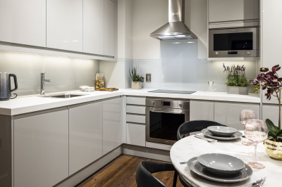 Kitchen area at an Orchard Wharf apartment, ©Galliard Homes.