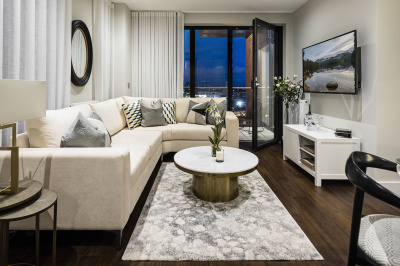 Open-plan kitchen, living and dining area at an Orchard Wharf apartment, ©Galliard Homes.