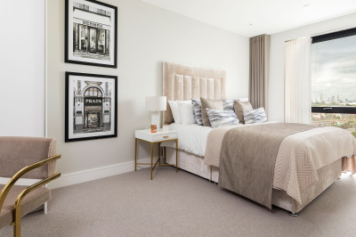 Bedroom at an Orchard Wharf apartment, ©Galliard Homes. Bedroom at an Orchard Wharf apartment, ©Galliard Homes.