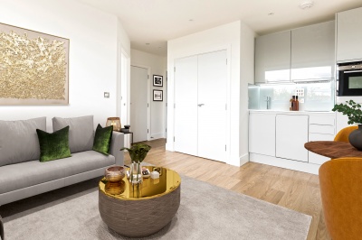 Open-plan kitchen and living area at a Galliard Homes apartment, computer generated image intended for illustrative purposes only, ©Galliard Homes. Open-plan kitchen and living area at a Galliard Homes apartment, computer generated image intended for illustrative purposes only, ©Galliard Homes.