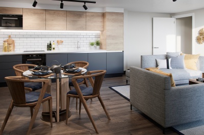 Open-plan kitchen, living and dining area at Tower Bridge Road; computer generated image intended for illustrative purposes only, ©Acorn Property Group. Open-plan kitchen, living and dining area at Tower Bridge Road; computer generated image intended for illustrative purposes only, ©Acorn Property Group.