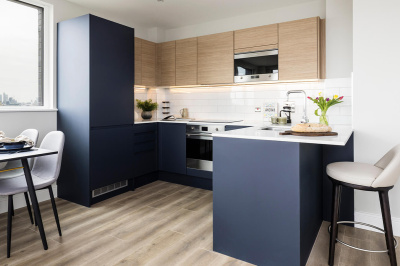 Kitchen area at Neptune Wharf ©Galliard Homes. Kitchen area at Neptune Wharf ©Galliard Homes.
