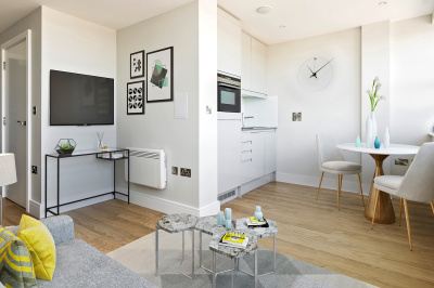 Open-plan kitchen, living and dining area at 502 Rosebery House, computer generated image intended for illustrative purposes only, ©Galliard Homes. Open-plan kitchen, living and dining area at 502 Rosebery House, computer generated image intended for illustrative purposes only, ©Galliard Homes.