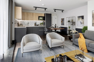 Open-plan kitchen, living and dining area in a Galliard Homes apartment, computer generated image intended for illustrative purposes only, ©Galliard Homes. Open-plan kitchen, living and dining area in a Galliard Homes apartment, computer generated image intended for illustrative purposes only, ©Galliard Homes.