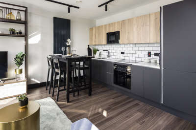 Open-plan living, kitchen and dining area at a Cityloft apartment, ©Galliard Homes.