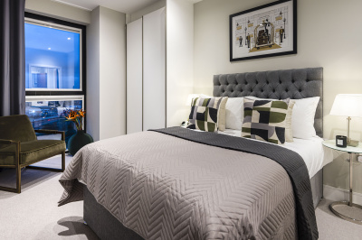 Bedroom at an Orchard Wharf apartment, ©Galliard Homes.