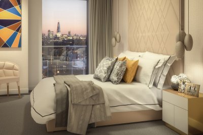 Bedroom at Harbour Central, computer generated image intended for illustrative purposes only, ©Galliard Homes. Bedroom at Harbour Central, computer generated image intended for illustrative purposes only, ©Galliard Homes.