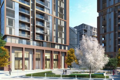 Harbour Central exterior and landscaped piazza, computer generated image intended for illustrative purposes only, ©Galliard Homes. Harbour Central exterior and landscaped piazza, computer generated image intended for illustrative purposes only, ©Galliard Homes.