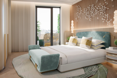 Bedroom in a penthouse apartment at TCRW SOHO; computer generated image intended for illustrative purposes only, ©Galliard Homes.