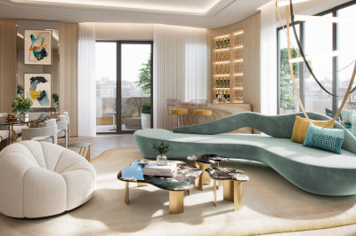 Living area in a penthouse apartment at TCRW SOHO; computer generated image intended for illustrative purposes only, ©Galliard Homes.