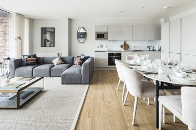 Open-plan kitchen, living and dining area at Wimbledon Grounds apartment, ©Galliard Homes.