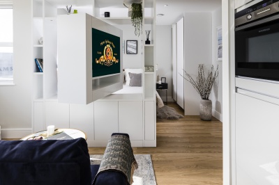 Living and bedroom area at Rosebery House, ©Galliard Homes. Living and bedroom area at Rosebery House, ©Galliard Homes.