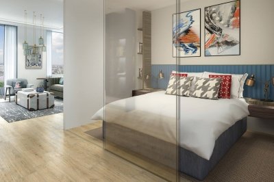 Bedroom area in a studio apartment at The Stage, computer generated image intended for illustrative purposes only, ©Galliard Homes. Bedroom area in a studio apartment at The Stage, computer generated image intended for illustrative purposes only, ©Galliard Homes.