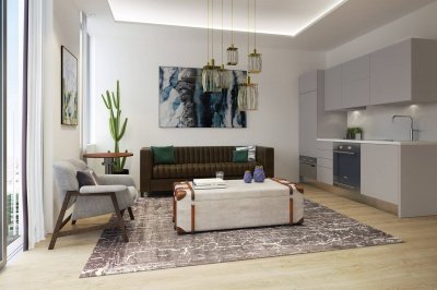 Kitchen and living area in a studio apartment at The Stage, computer generated image intended for illustrative purposes only, ©Galliard Homes. Kitchen and living area in a studio apartment at The Stage, computer generated image intended for illustrative purposes only, ©Galliard Homes.