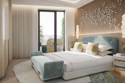 Bedroom in a penthouse apartment at TCRW SOHO; computer generated image intended for illustrative purposes only, ©Galliard Homes. Bedroom in a penthouse apartment at TCRW SOHO; computer generated image intended for illustrative purposes only, ©Galliard Homes.