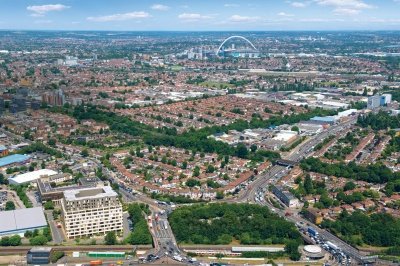 Aerial view of Westgate House, Hanger Lane and Wembley Stadium, computer generated image intended for illustrative purposes only, ©Galliard Homes. Aerial view of Westgate House, Hanger Lane and Wembley Stadium, computer generated image intended for illustrative purposes only, ©Galliard Homes.
