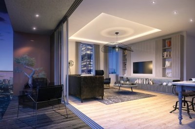Living area and private terrace at The Stage, computer generated image intended for illustrative purposes only, ©Galliard Homes. Living area and private terrace at The Stage, computer generated image intended for illustrative purposes only, ©Galliard Homes.