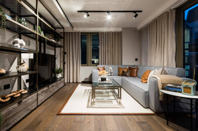 Open-plan living room of a one-bedroom apartment at The Stage, ©Galliard Homes. Open-plan living room of a one-bedroom apartment at The Stage, ©Galliard Homes.