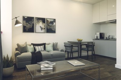Living area at a Craneshaw House apartment, ©Galliard Homes. Living area at a Craneshaw House apartment, ©Galliard Homes.