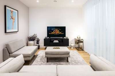 Open-plan kitchen, living and dining room at the Timber Yard show apartment, ©Galliard Homes. Open-plan kitchen, living and dining room at the Timber Yard show apartment, ©Galliard Homes.